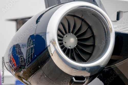 Aircraft jet engine with turbine blades.