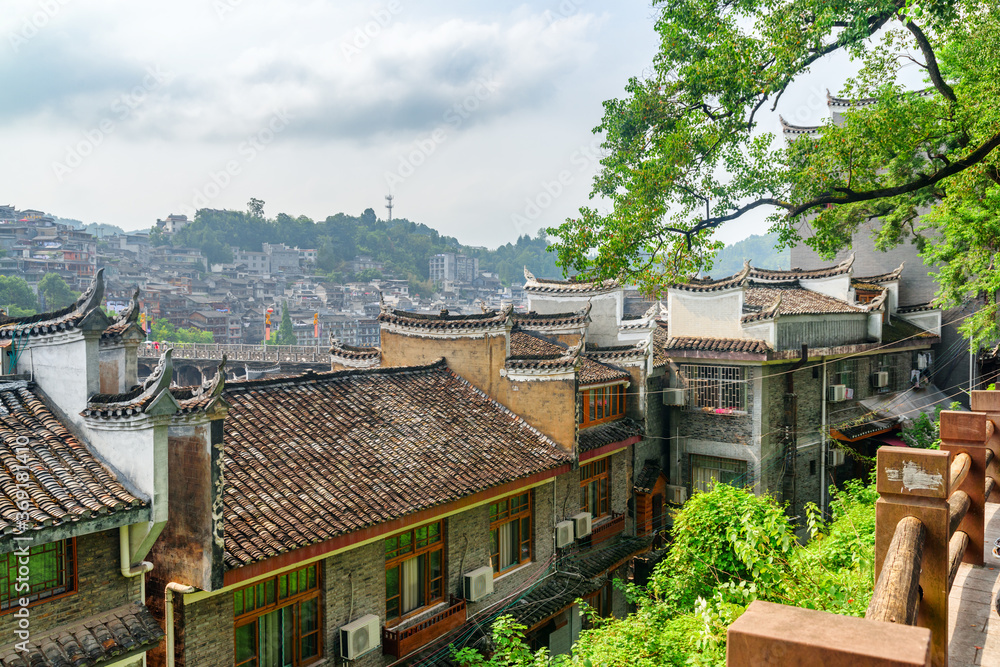 Awesome view of traditional Chinese black tile roofs, Fenghuang