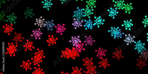 Dark green, red vector background with covid-19 symbols.