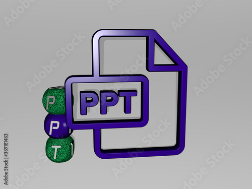 3D illustration of PPT graphics and text around the icon made by metallic dice letters for the related meanings of the concept and presentations. background and abstract