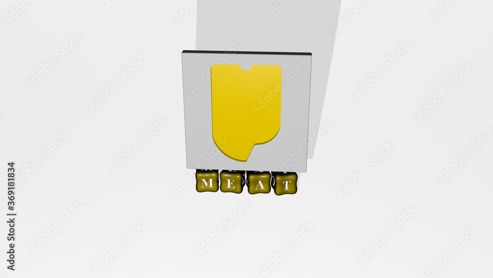 3D graphical image of meat vertically along with text built by metallic cubic letters from the top perspective, excellent for the concept presentation and slideshows. food and background 3D graphical image of meat vertically along with text built by metallic cubic letters from the top perspective, excellent for the concept presentation and slideshows. food and background