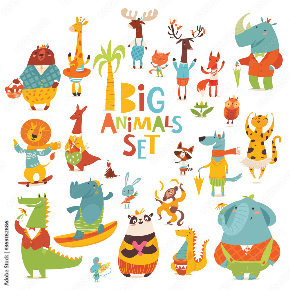 Fototapeta premium Big vector cartoon set of Wild animals funny characters in flat style