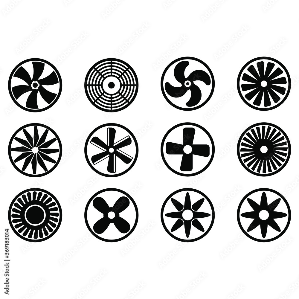 Cooling fan icons. Turbines and fan icons set. Vector illustration.