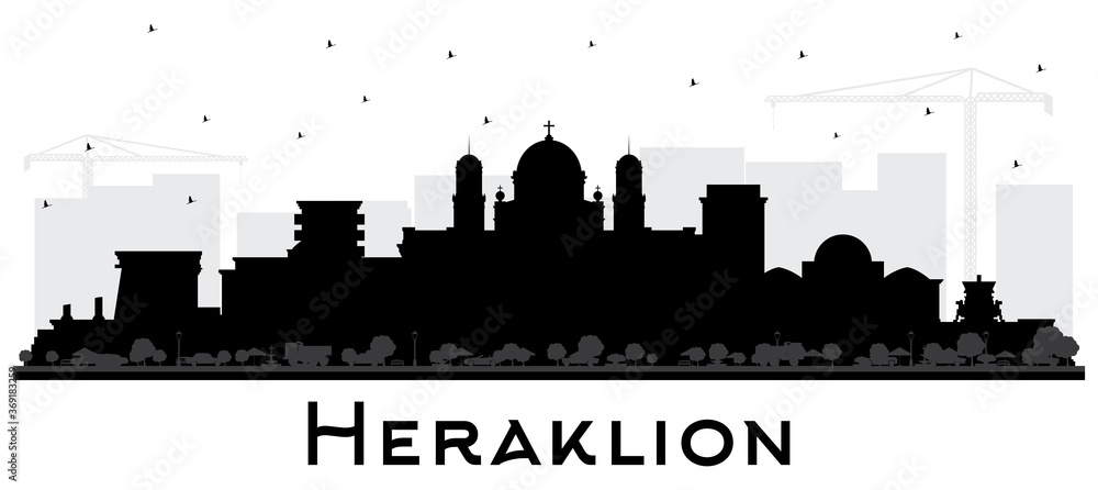 Heraklion Greece Crete City Skyline Silhouette with Black Buildings Isolated on White.