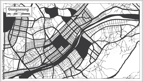 Gangneung South Korea City Map in Black and White Color in Retro Style.