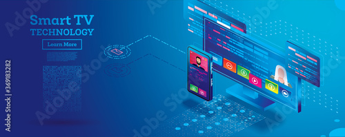 Wallpaper Mural Smart TV Technology Isometric Concept. Remote Control from Smartphone. Torontodigital.ca