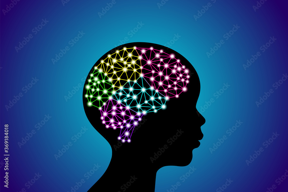 3d digital neuro multicolored colorful glowing particles lines and dots plexus structure human brain on child head black silhouette, stock vector illustration on blue gradient background