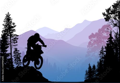 composition with bikers in moumtains between trees