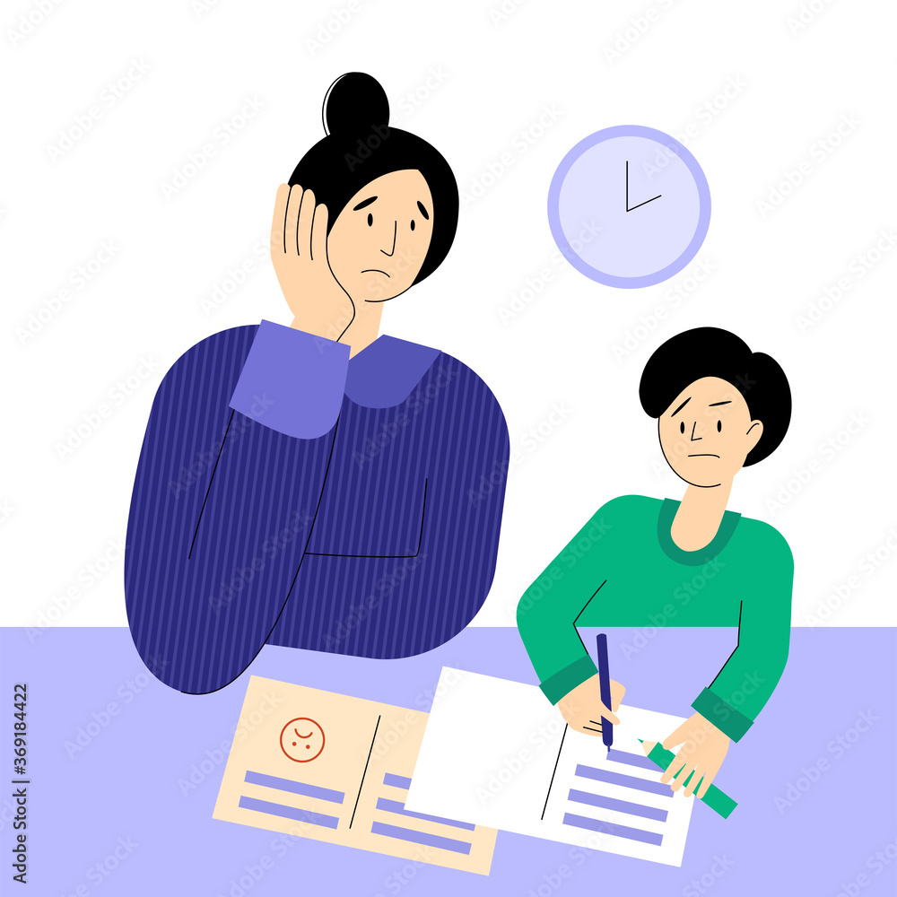 Mom is tired of studying with her son. Frustrated parent concept. The negative aspects of family relationships. Mom is tired of studying with her son. Frustrated parent concept. The negative aspects of family relationships.