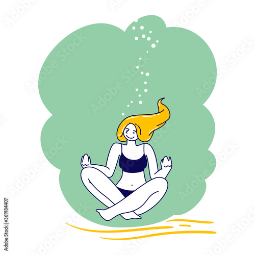 Free Diving Activity. Relaxed Girl Meditating on Lotus Posture on Ocean Bottom. Woman Freediver Relax on Exotic Resort