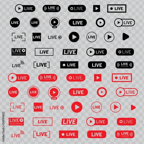 Live stream big icon set isolated on transparent background. Red and black streaming or online broadcast symbol collection for social media video blog