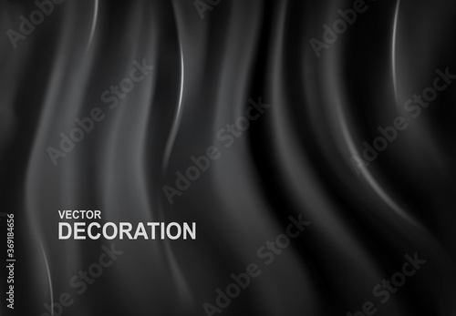 Realistic, 3D Vector illustration. Luxurious black silk fabric background. Abstract, Decorative backdrop with soft waves of satin drapery. Template for design, poster, banner.