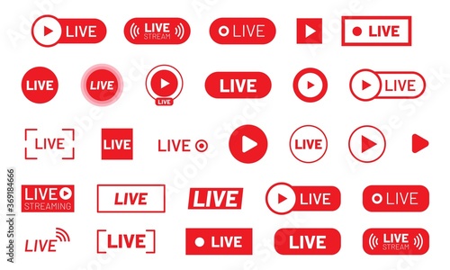 Live stream icon set. Red streaming or online broadcast symbol collection for social media video blog