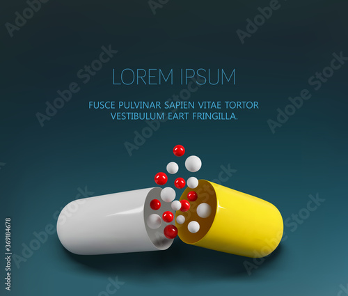 Vector medical template. Opened yellow capsule isolated on dark background. Element for design. Realistic illustration. 3d