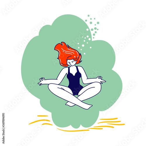 Relaxed Girl Meditating on Lotus Posture on Ocean Bottom. Young Female Character Underwater Yoga Recreation Free Diving