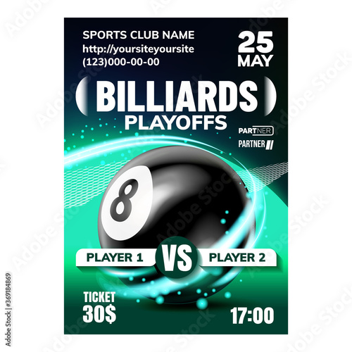 Billiard Leisure Active Sport Game Banner Vector. Recreational Billiard Ball Advertising Announcement Banner. Sporty Round Spherical Snooker Tool Pool Table Color Concept Layout Illustration