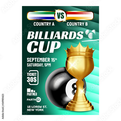 Billiard Pyramid Champion Cup Flyer Banner Vector. Billiard Sphere Ball And Golden Mug For Player Shooter Winner Championship. Bar Gamble Game Promotion Concept Mockup Illustration