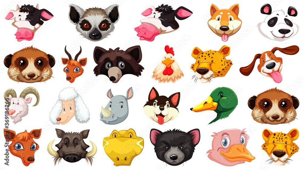 Set of different cute cartoon animals head huge isolated on white background Set of different cute cartoon animals head huge isolated on white background