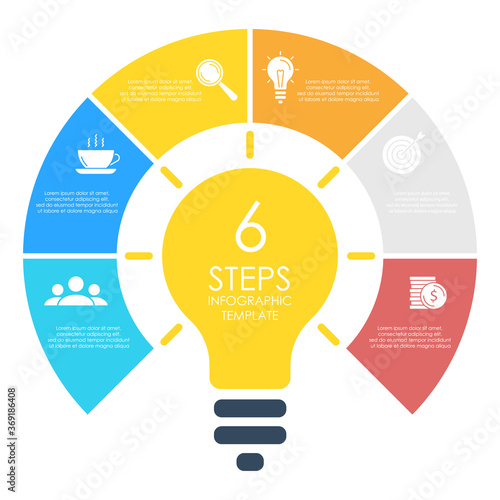 Light bulb infographic. Modern colorful lamp. Business idea concept with 6 options, steps or elements. Template for presentation or graph.