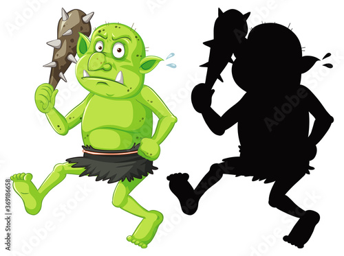 Goblin or troll holding hunting tool in color and silhouette in cartoon character on white background