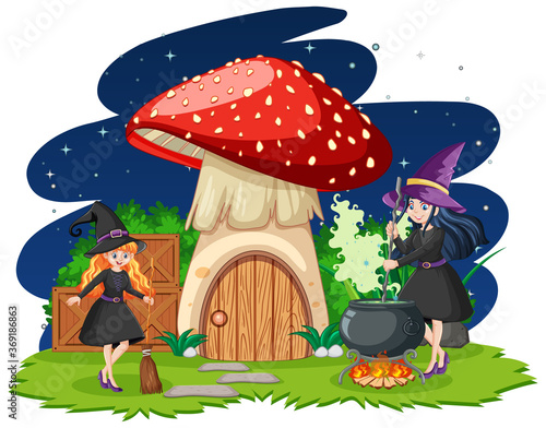 Young beautiful witches with mushroom house cartoon style isolated on white background