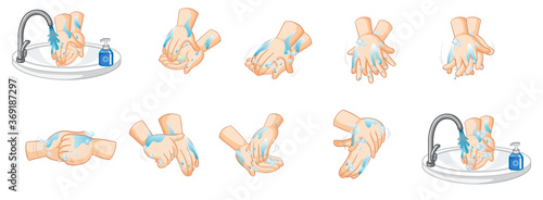 Different steps of washing hands on white background