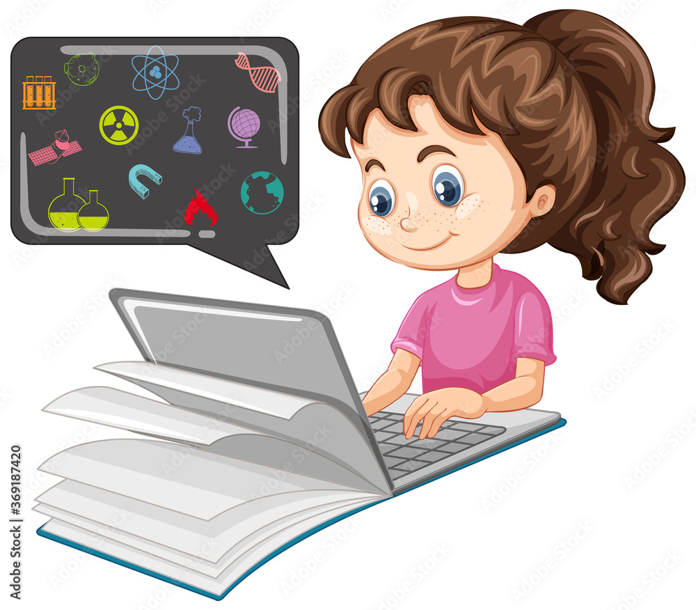 Girl searching on laptop with education icon cartoon style isolated on white background Girl searching on laptop with education icon cartoon style isolated on white background