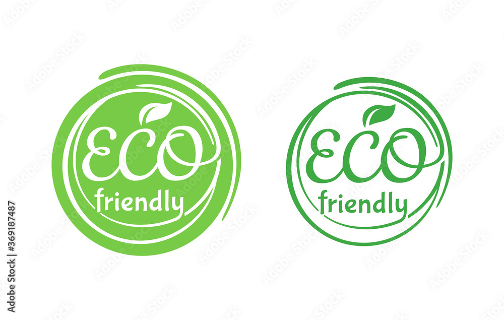 Eco-friendly badge in green rounded decoration - for natural food and cosmetics products - isolated vector stamp with slogan