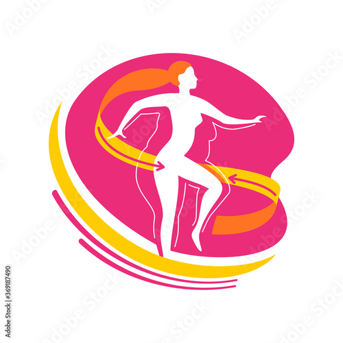 Weight loss logo concept - diet program icon - abstract woman silhouette (fat and shapely figure) with measuring tape around 