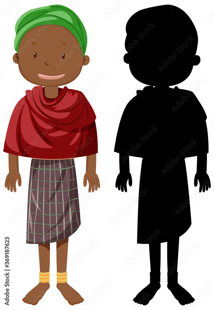 Set of people of African tribes character with its silhouette