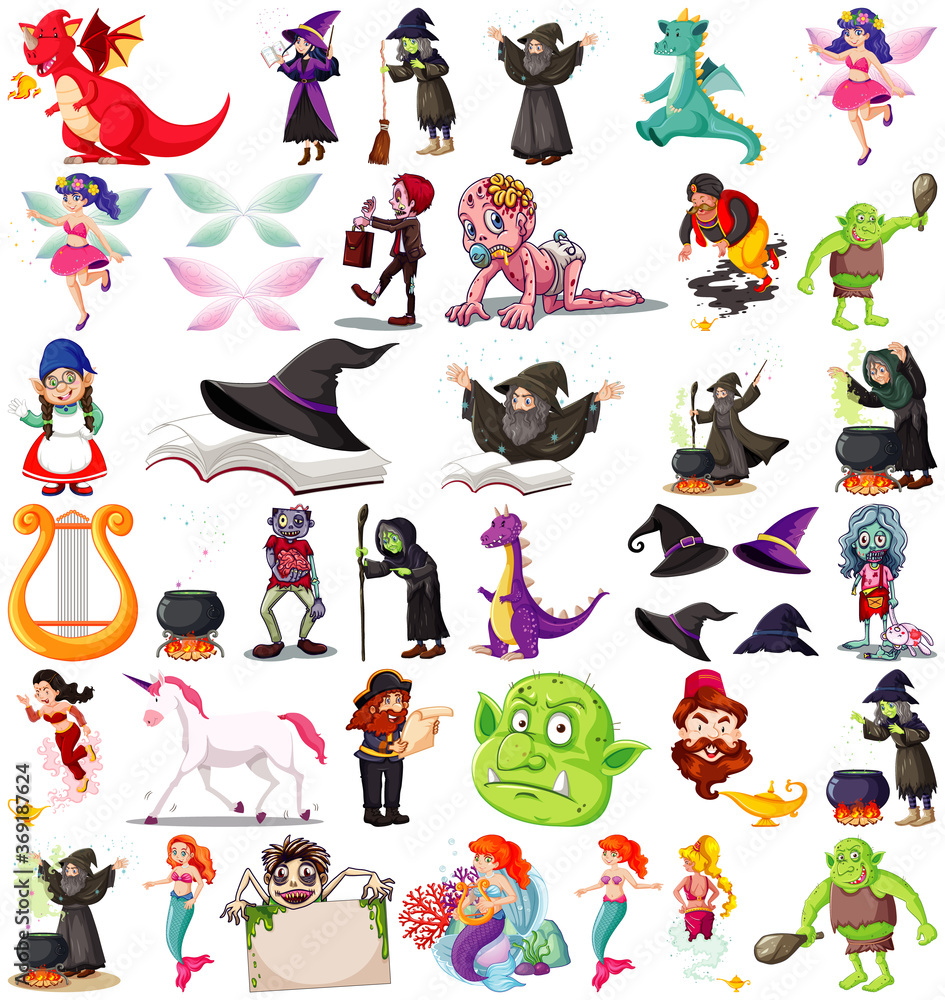 Obraz premium Set of fantasy cartoon characters and fantasy theme isolated on white background