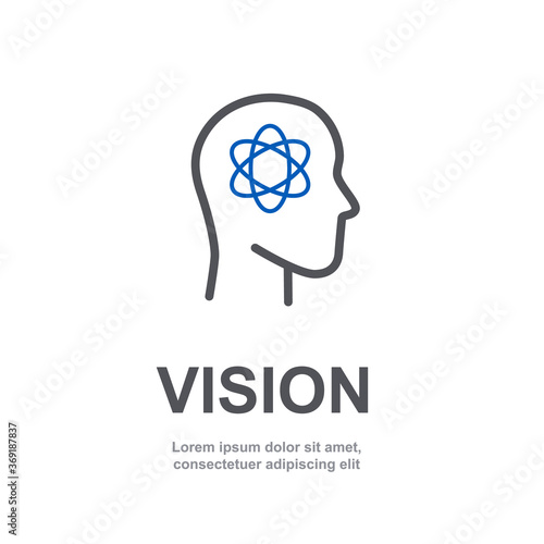 Innovation idea in human head outline vector icon illustration. Man brain with mind like an atom. Creative editable line design for engineering business. Human face side. Artificial intelligence. V1