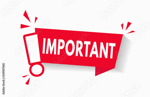 Important notice icon for attention message banner red vector illustration. Caution information warning mark. Important announcement label with red exclamation sign. Urgent alert popup template. V1