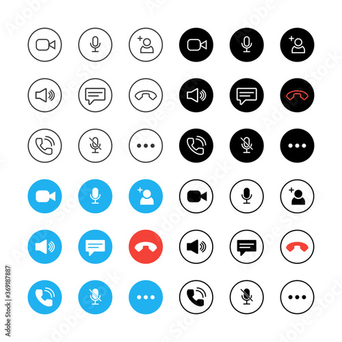 Video call chat screen ui vector buttons template for mobile phone online app. Conceptual icon set for web conference or business webinar design. User interface symbols isolated on white. V2