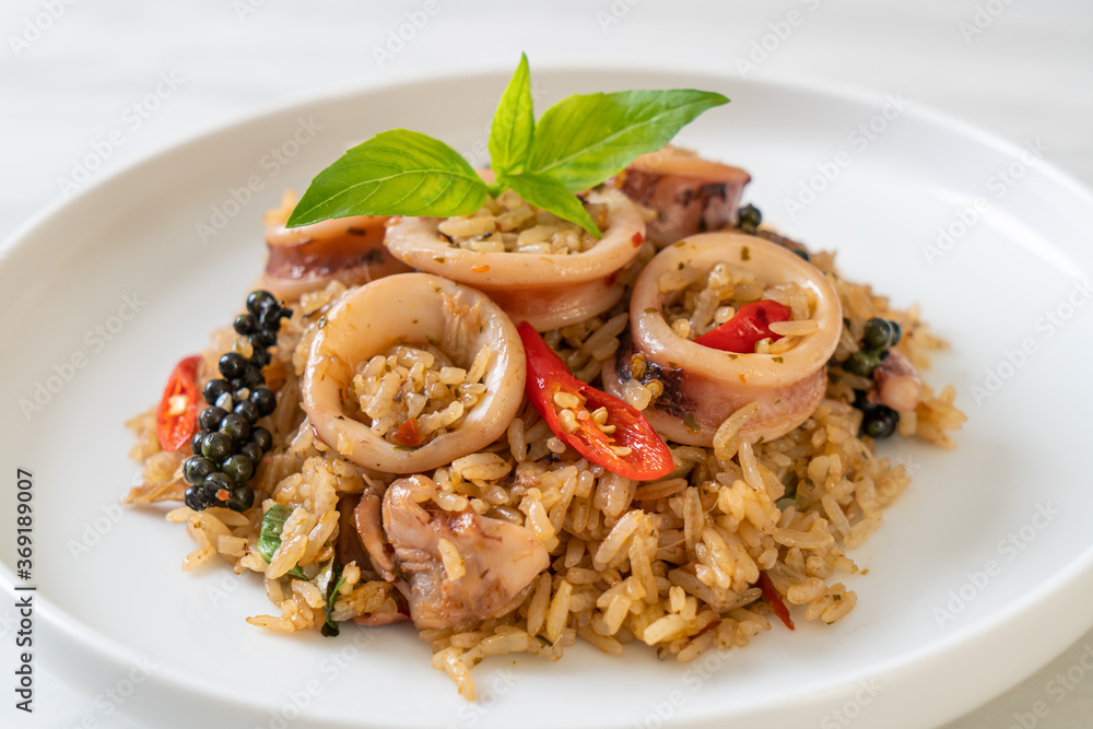 Basil and Spicy Herb Fried Rice with Squid or Octopus Basil and Spicy Herb Fried Rice with Squid or Octopus