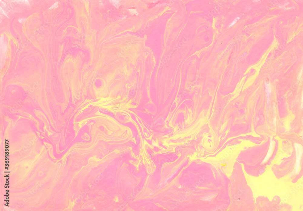 Abstract colorful background. Acrylic fluid art. Yellow, pink, orange and white colors mixed together. Handmade original wallpaper. Cosmic texture. Original art. Gradient with splash texture