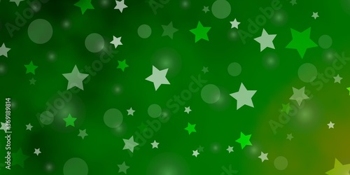 Light Green vector background with circles, stars. Colorful disks, stars on simple gradient background. Pattern for trendy fabric, wallpapers.