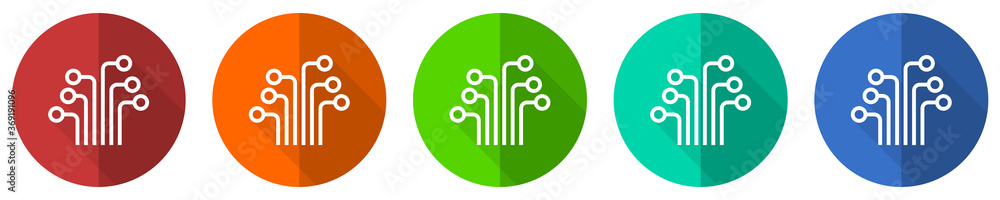Circuit icon set, technology, chip, processor, red, blue, green and orange flat design web buttons isolated on white background, vector illustration Circuit icon set, technology, chip, processor, red, blue, green and orange flat design web buttons isolated on white background, vector illustration
