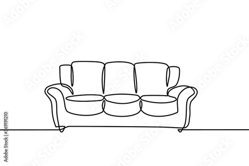 Continuous line drawing of front view the sofa. Modern sofa isolated on a white background.