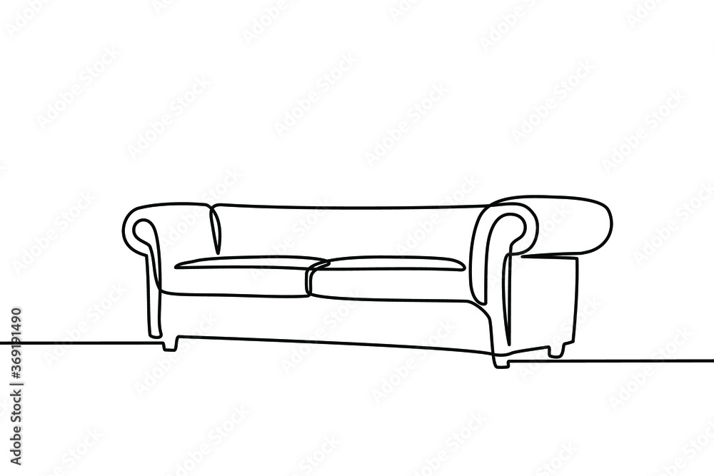 Continuous line drawing of front view the sofa. Modern sofa isolated on a white background