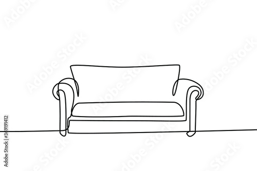 Continuous line drawing of front view the sofa. Modern sofa isolated on a white background.