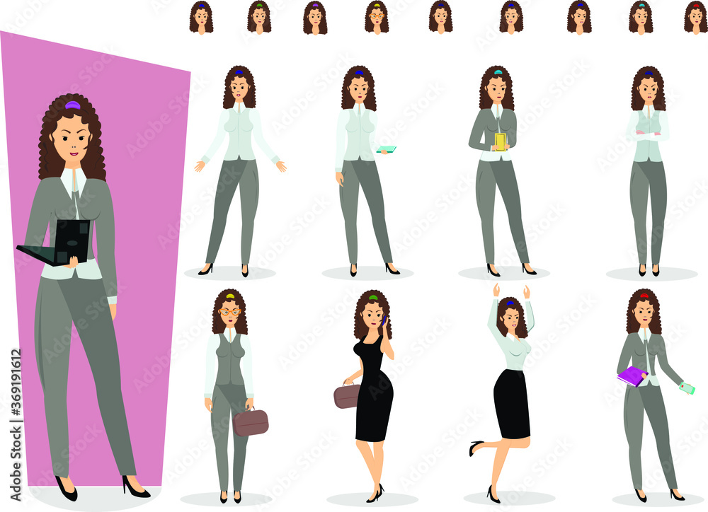 Obraz premium Set of business Woman character vector design. Presentation in various action with emotions, running, standing and walking.