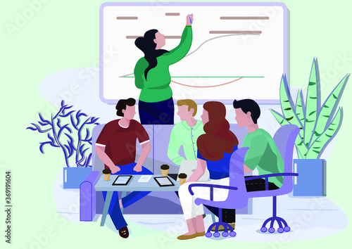 
Businessmen are discussing project, office, people, vector image
