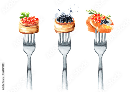 Snacks with caviar on a fork. Concept of diet and healthy eating. Hand drawn watercolor illustration isolated on white background