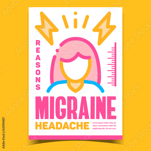 Migraine Headache Creative Advertise Banner Vector. Woman With Migraine Promo Poster. Head Ache Pain Reasons, Health Problem And Treatment Concept Template Style Color Illustration