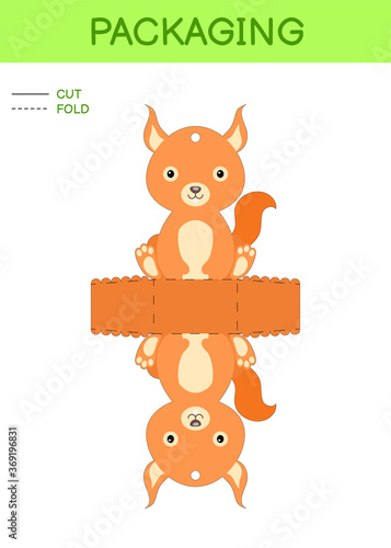 DIY party favor box die cut template design for birthdays, baby showers with cute squirrel for sweets, candies, small presents. Printable color scheme. Print, cut out, fold, glue. Vector illustration