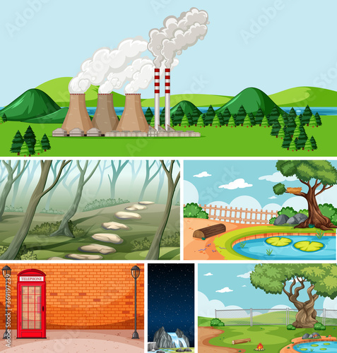 Fototapeta Naklejka Na Ścianę i Meble -  Six different scenes in nature setting cartoon style