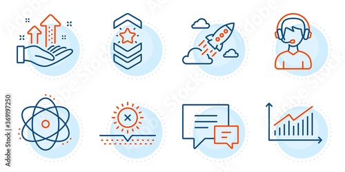 Analysis graph, No sun and Consultant signs. Graph, Shoulder strap and Atom line icons set. Comment, Startup rocket symbols. Presentation diagram, Star rank. Business set. Outline icons set. Vector