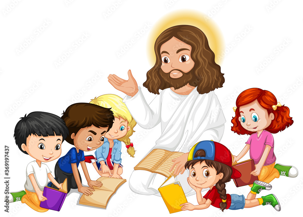 Jesus preaching to a children group cartoon character Jesus preaching to a children group cartoon character