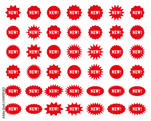 New arrival price stickers. Star burst tags. Vector. Discount promo stamp. Circle, round splash badge. Set starburst shapes isolated on white background. Red product label. Illustration in flat design